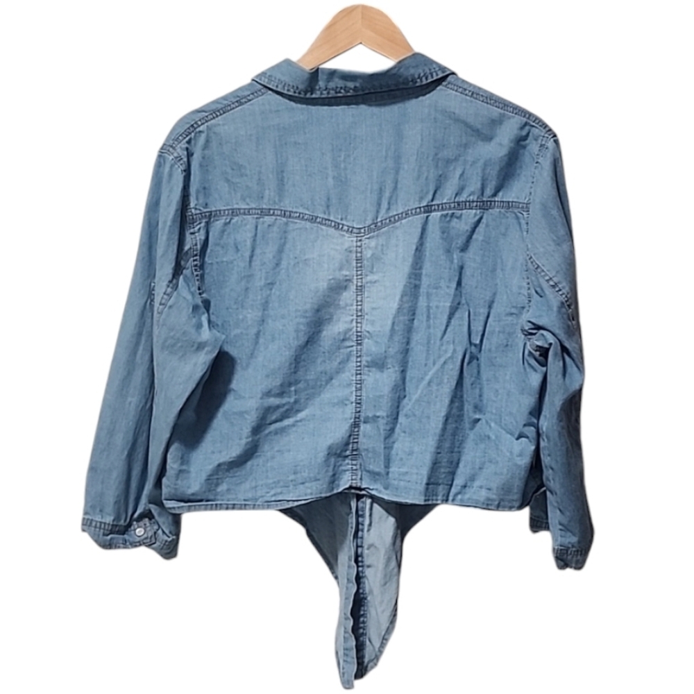 Tie Front Cropped Denim Western Shirt XL Pearl Snap Cowgirl Lightweight Festival - Picture 5 of 10